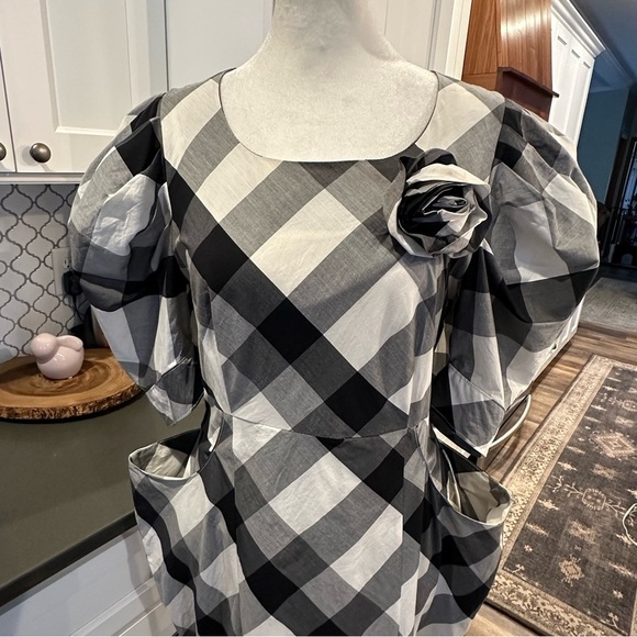 Burberry London Blue Label Black White Plaid Puff Sleeve Silk Pencil Dress 38 S - Picture 2 of 16